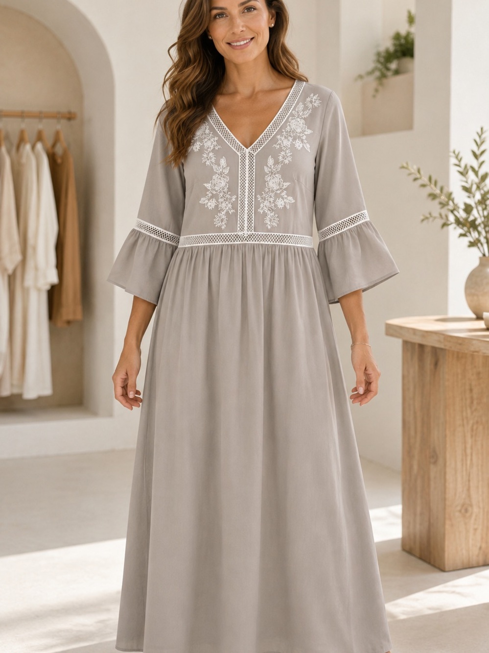 Wren and Ivory Embroidered V-Neck Maxi Dress in Gray